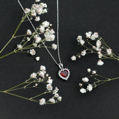 Garnet Heart Pendant Necklace with Moissanite Halo