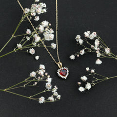 Garnet Heart Pendant Necklace with Moissanite Halo