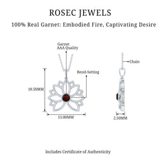 Bezel Set Garnet Lotus Floral Pendant Necklace