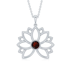 Bezel Set Garnet Lotus Floral Pendant Necklace