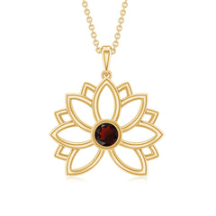 Bezel Set Garnet Lotus Floral Pendant Necklace
