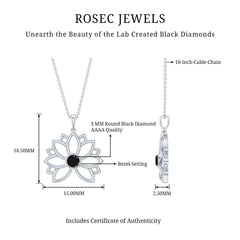 Bezel Set Lab Grown Black Diamond Lotus Flower Necklace