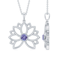 Bezel Set Tanzanite Lotus Flower Pendant Necklace