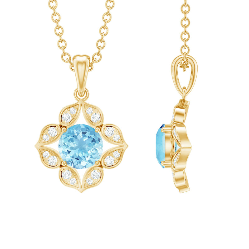 Natural Aquamarine Flower Pendant Necklace with Diamond