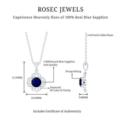 Genuine Blue Sapphire Flower Pendant Necklace with Diamond