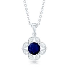 Genuine Blue Sapphire Flower Pendant Necklace with Diamond