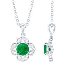 Nature Inspired Emerald Flower Pendant Necklace with Diamond