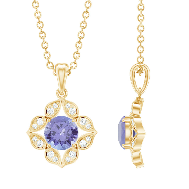 Natural 0.5 Carat Tanzanite Flower Pendant Necklace with Diamond