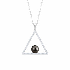 Diamond Open Triangle Pendant Necklace with Black Tahitian Pearl