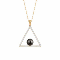 Diamond Open Triangle Pendant Necklace with Black Tahitian Pearl