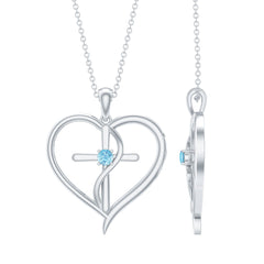Natural Aquamarine Heart Cross Pendant Necklace