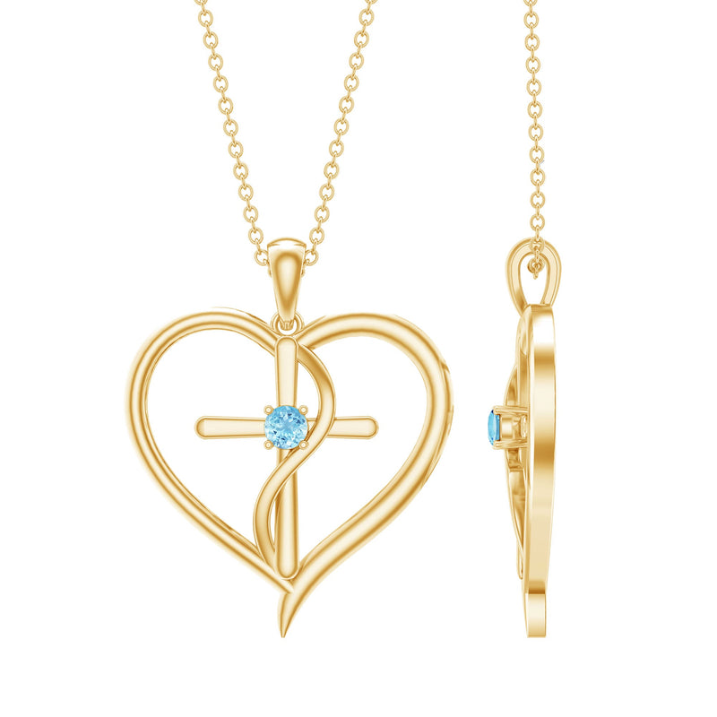 Natural Aquamarine Heart Cross Pendant Necklace