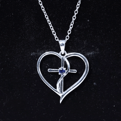 Natural Blue Sapphire Heart Cross Necklace for Women