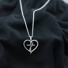 Natural Blue Sapphire Heart Cross Necklace for Women
