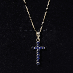 Genuine Blue Sapphire Cross Pendant Necklace with Chain