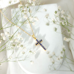 Genuine Blue Sapphire Cross Pendant Necklace with Chain