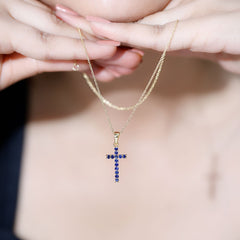 Genuine Blue Sapphire Cross Pendant Necklace with Chain