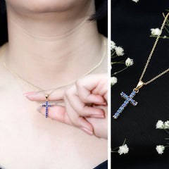 Genuine Blue Sapphire Cross Pendant Necklace with Chain