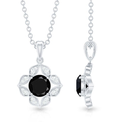Natural Black Spinel Flower Pendant Necklace with Diamond for Women