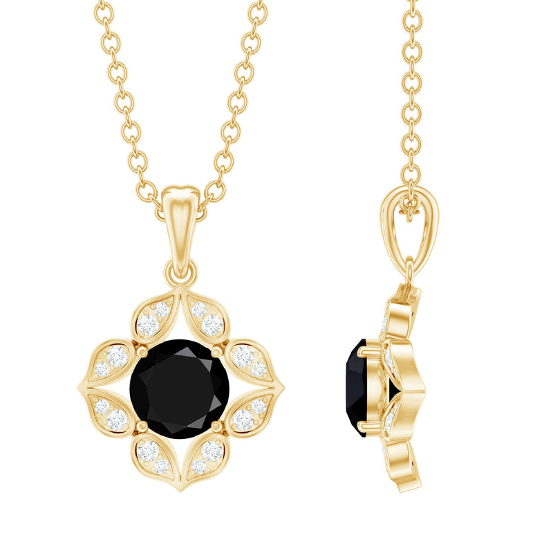 Natural Black Spinel Flower Pendant Necklace with Diamond for Women