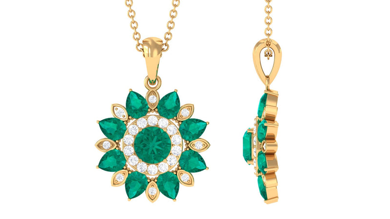 Real Emerald Statement Flower Pendant Necklace with Diamond