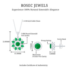Certified Emerald and Moissanite Flower Jewelry Set