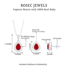 Genuine 2.6 Carat Pear Cut Ruby and Moissanite Halo Pendant and Earrings Set