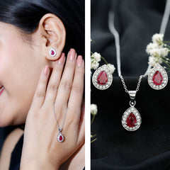 Genuine 2.6 Carat Pear Cut Ruby and Moissanite Halo Pendant and Earrings Set