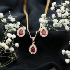 Genuine 2.6 Carat Pear Cut Ruby and Moissanite Halo Pendant and Earrings Set