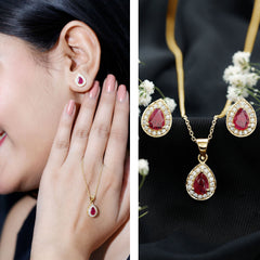 Genuine 2.6 Carat Pear Cut Ruby and Moissanite Halo Pendant and Earrings Set