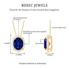 Lab Grown Blue Sapphire Art Deco Pendant Necklace with Diamond Halo