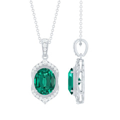 Certified Lab Grown Emerald Vintage Inspired Necklace With Diamond