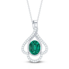 Lab Grown Emerald Oval Pendant Necklace with Diamonds