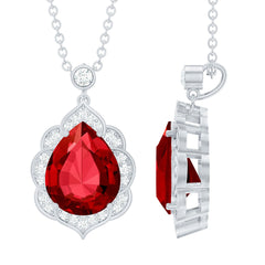 Certified Lab Grown Ruby Vintage Inspired Necklace with Diamond Halo