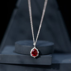Certified Lab Grown Ruby Vintage Inspired Necklace with Diamond Halo