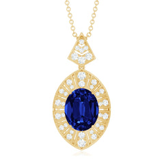 Lab Grown Blue Sapphire Art Deco Necklace with Diamond Accent