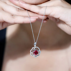 Certified Lab Grown Ruby Rose Pendant Necklace with Diamond Accent