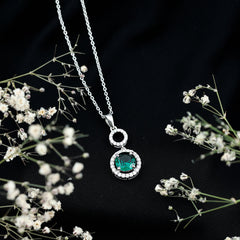 Lab Grown Emerald and Moissanite Halo Pendant Necklace