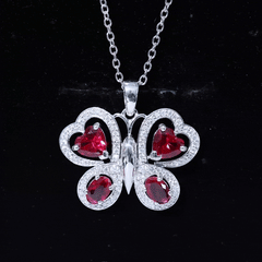 Certified Created Ruby Butterfly Pendant Necklace with Moissanite