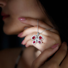 Certified Created Ruby Butterfly Pendant Necklace with Moissanite