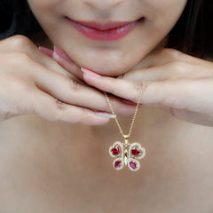Certified Created Ruby Butterfly Pendant Necklace with Moissanite