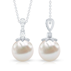 Real Freshwater Pearl and Diamond Drop Pendant Necklace