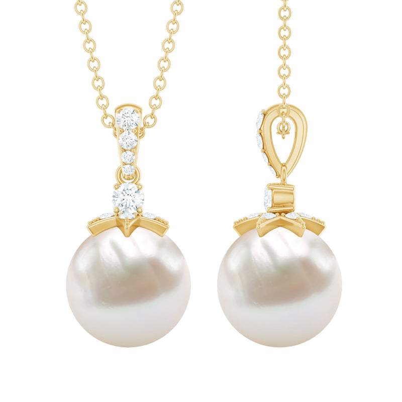 Real Freshwater Pearl and Diamond Drop Pendant Necklace