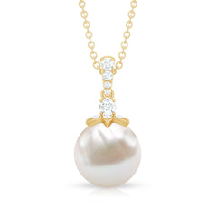 Real Freshwater Pearl and Diamond Drop Pendant Necklace