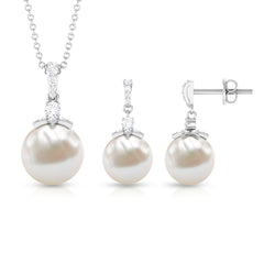 Real Freshwater Pearl and Diamond Drop Pendant and Earrings Set