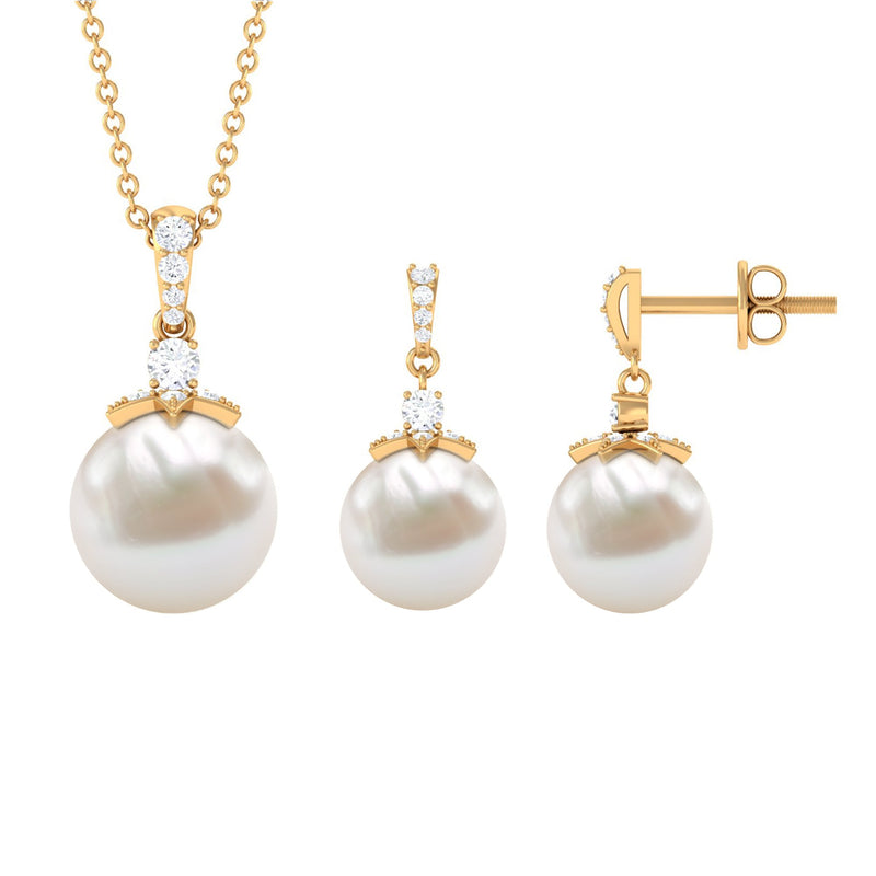 Real Freshwater Pearl and Diamond Drop Pendant and Earrings Set