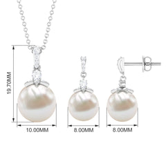Real Freshwater Pearl and Diamond Drop Pendant and Earrings Set