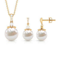 Real Freshwater Pearl and Diamond Drop Pendant and Earrings Set