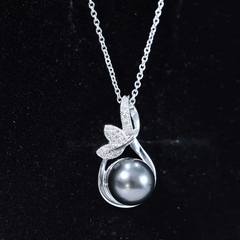 10MM Black Pearl and Diamond Bridal Pendant Necklace