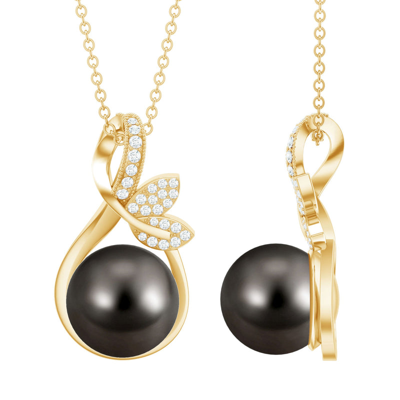 10MM Black Pearl and Diamond Bridal Pendant Necklace